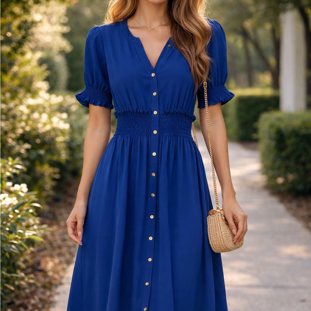 Enfocus Studio Royal Blue Button-Down Midi Dress~ puff sleeve
